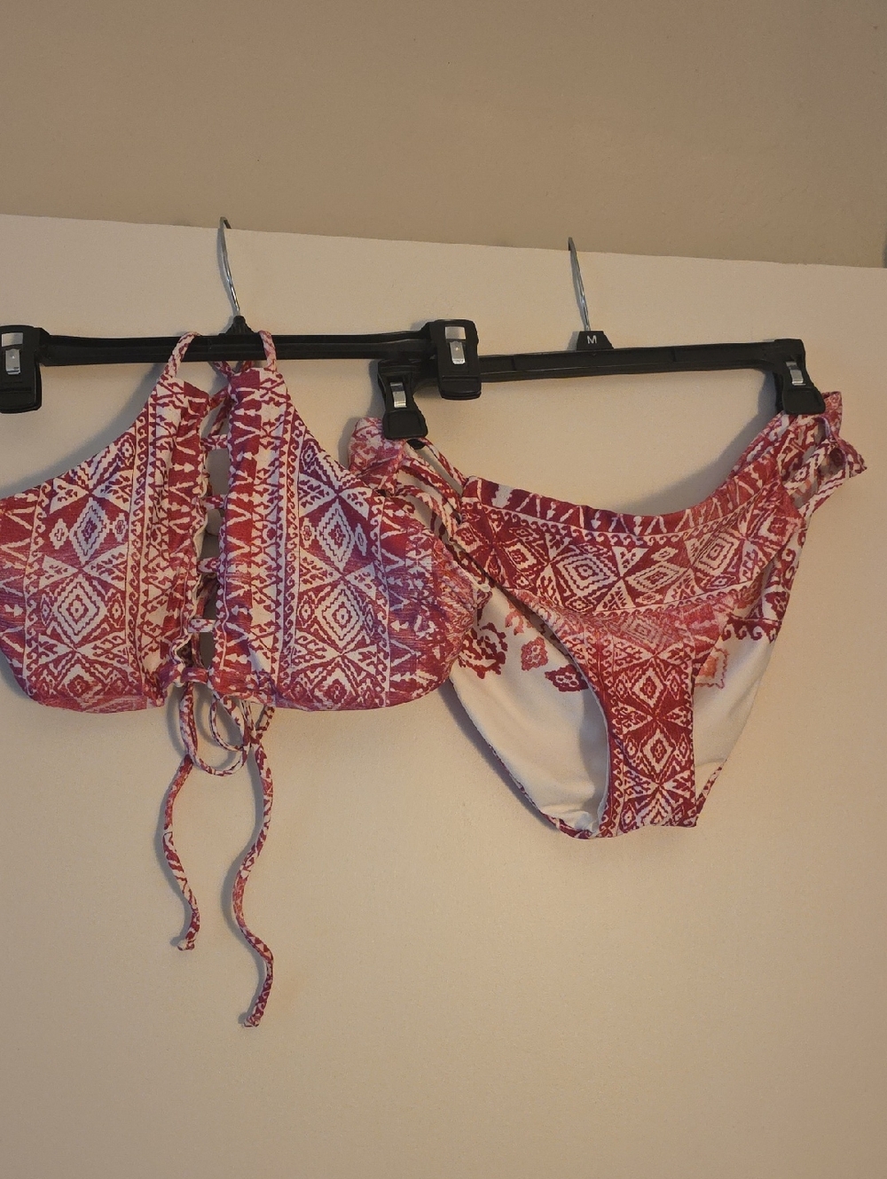 Lucky Brand Red White Patterned Lace-Up Bikini